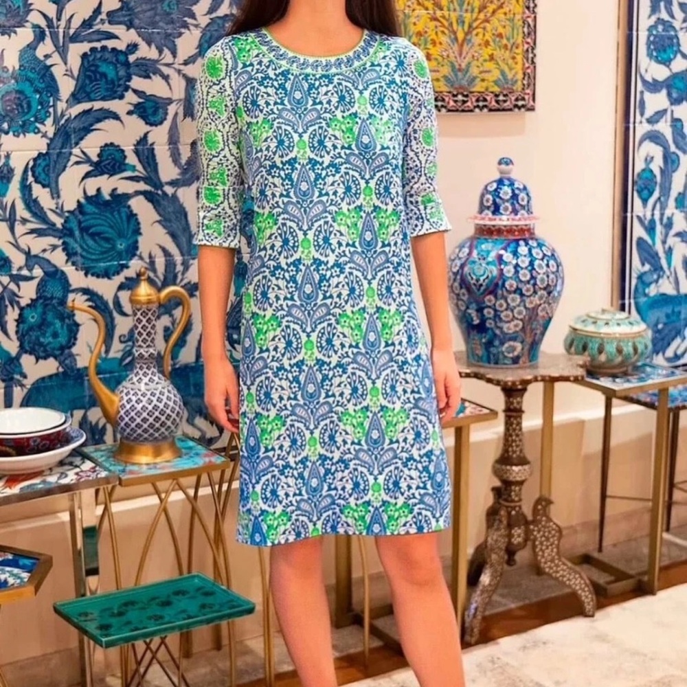 Gretchen Scott Designs Blue and Green Paisley A-Line Midi Dress
